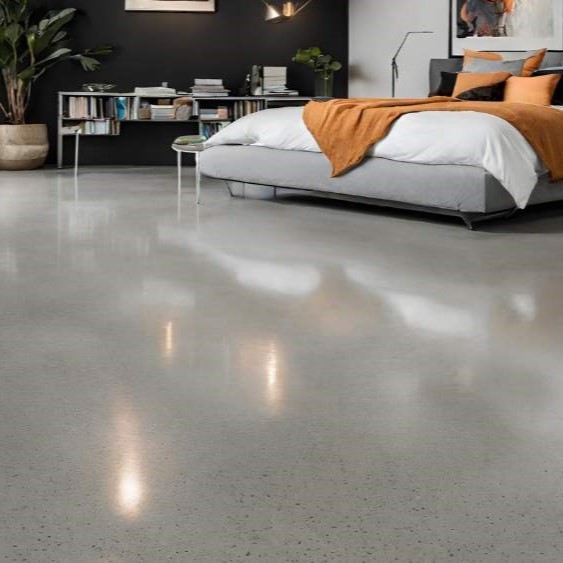 A polished concrete floor for a bedroom.