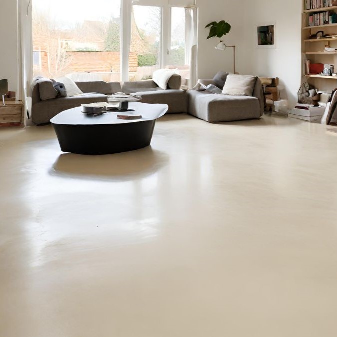 A concrete overlay finish in a living room.