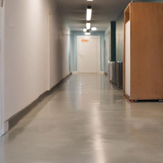 A hallway with a concrete overlay floor