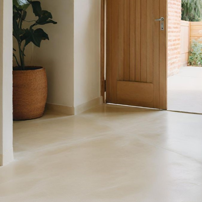 A concrete overlay for a hallway.
