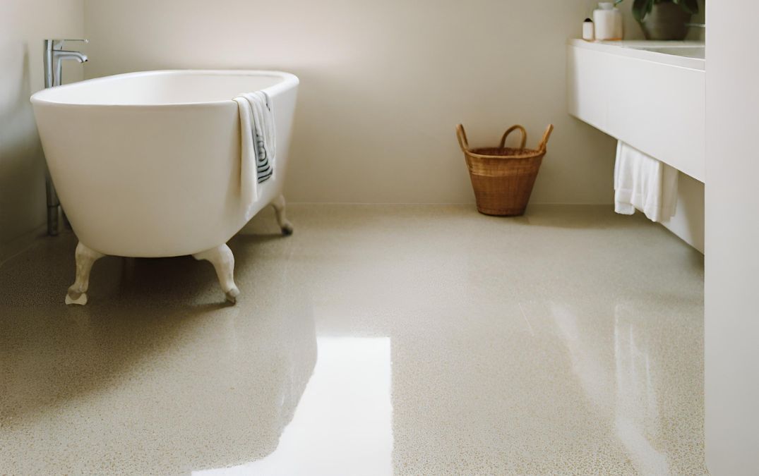 A residential home in Cardiff with a polished concrete floor in the bathroom.
