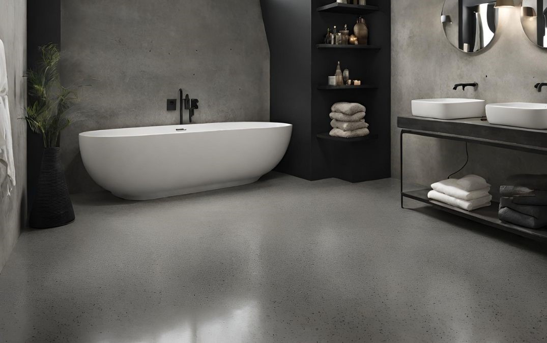 Concrete polished flooring for a bathroom