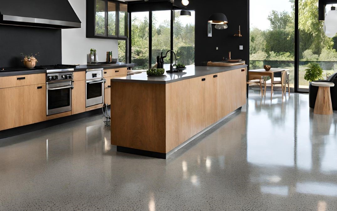 A kitchen with a polished concrete floor